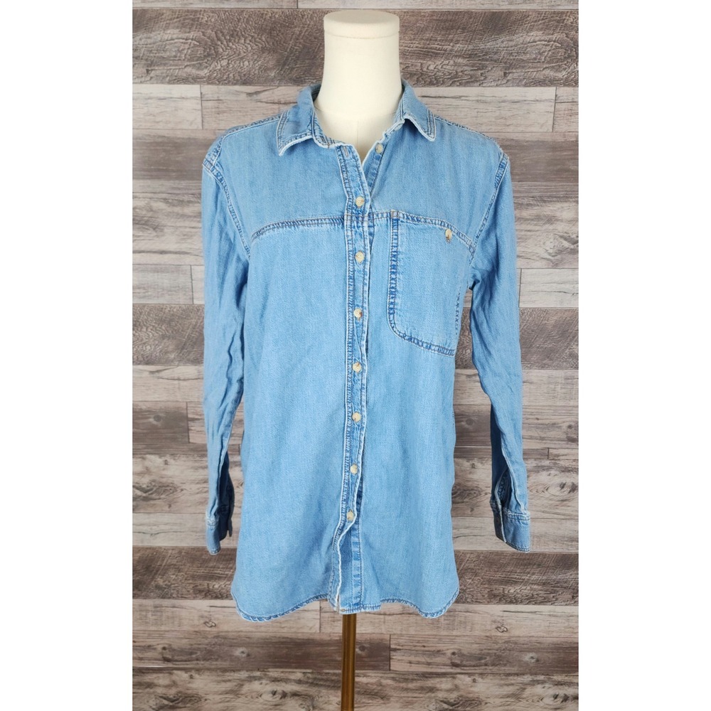 Topshop Moto Womens Light Wash Denim‎ Button Down Shirt Longline Shacket Size 6